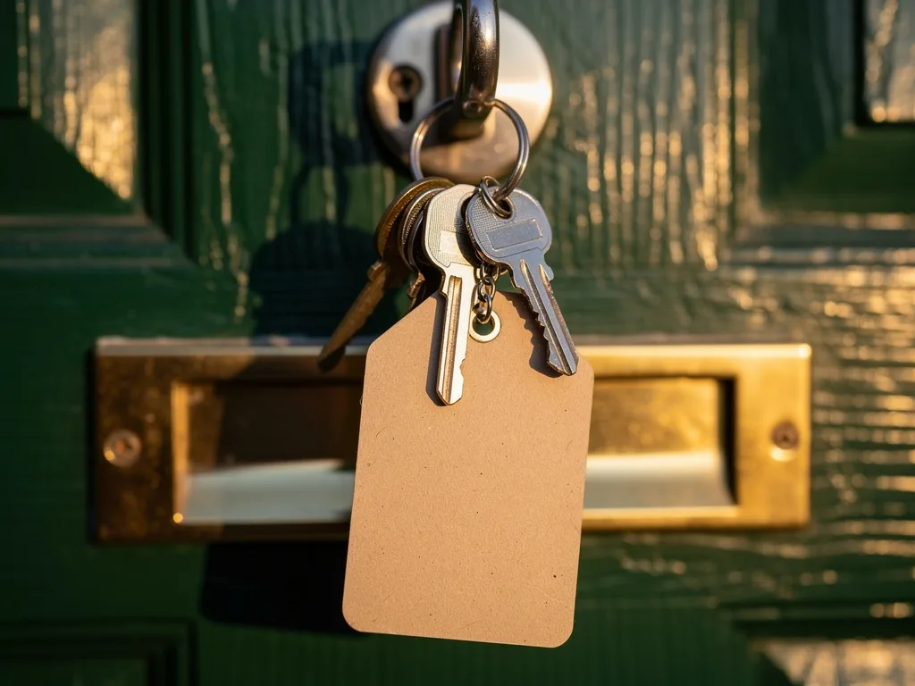 A bunch of keys hanging from a dark green front door
