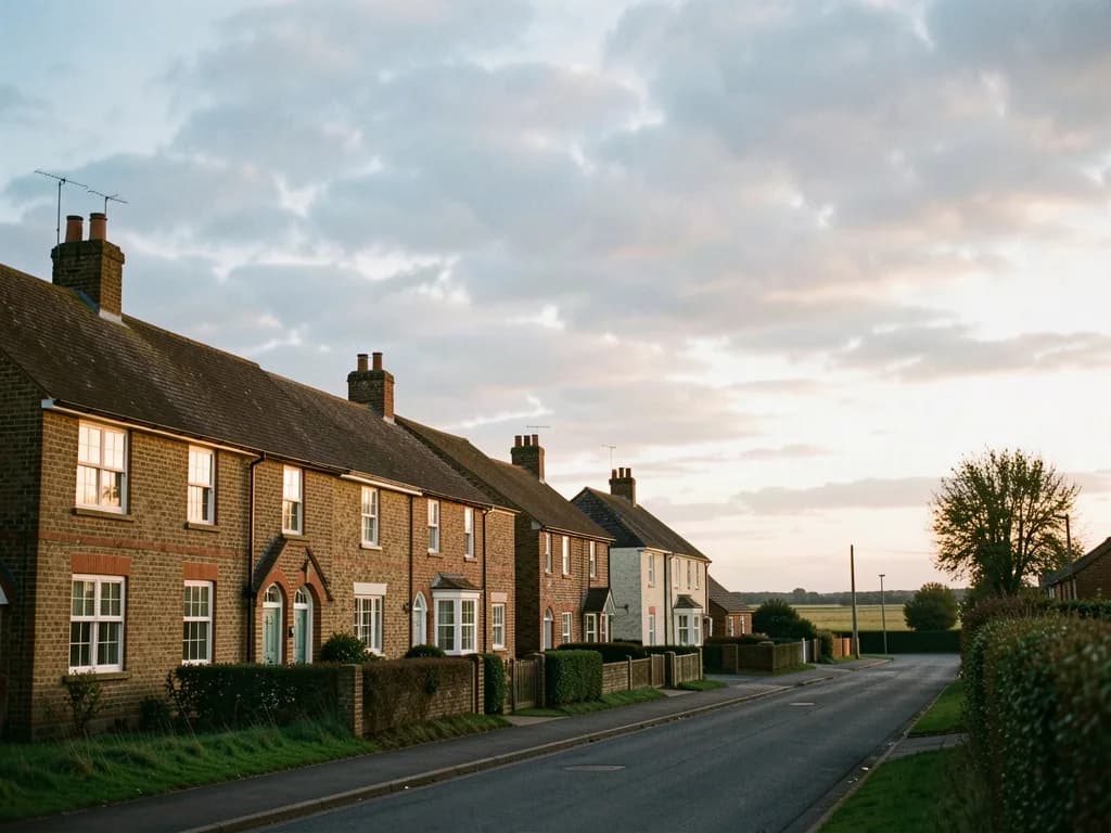 Brick cottages under a huge Fenland sky in Ely