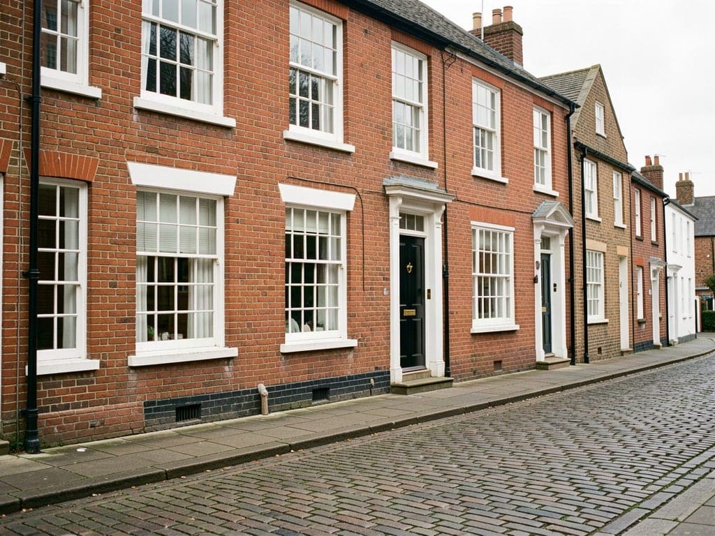 Georgian red brick townhouses on a cobbled street in King's Lynn