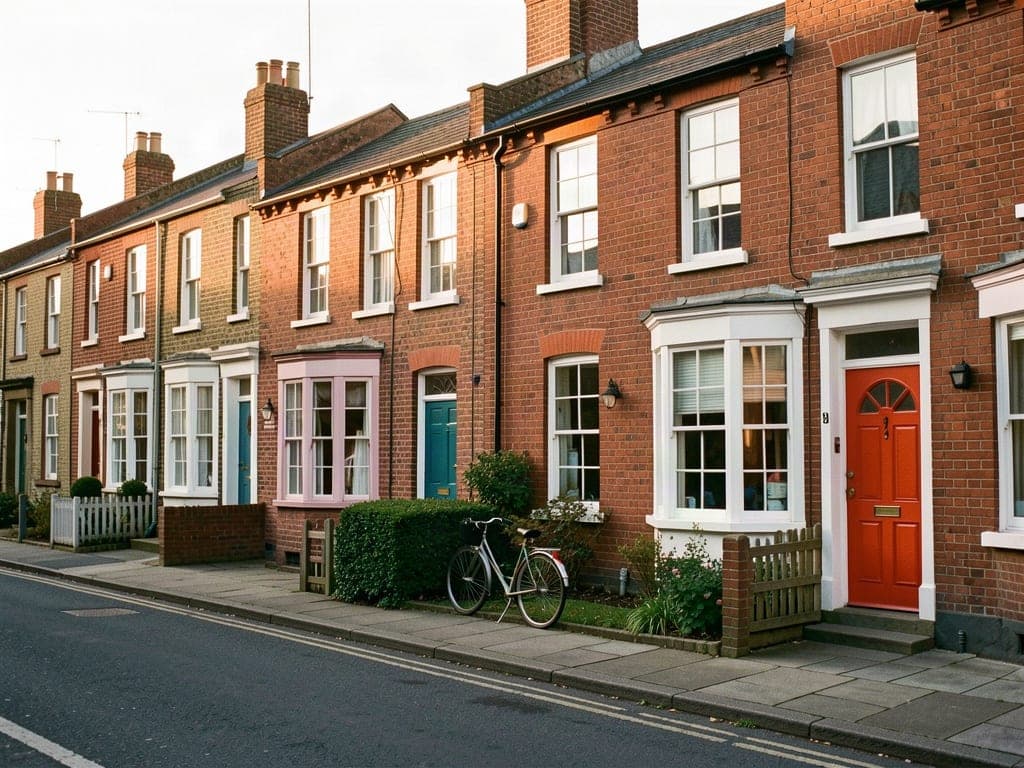 Victorian terraced houses with brightly painted front doors on a Norwich street