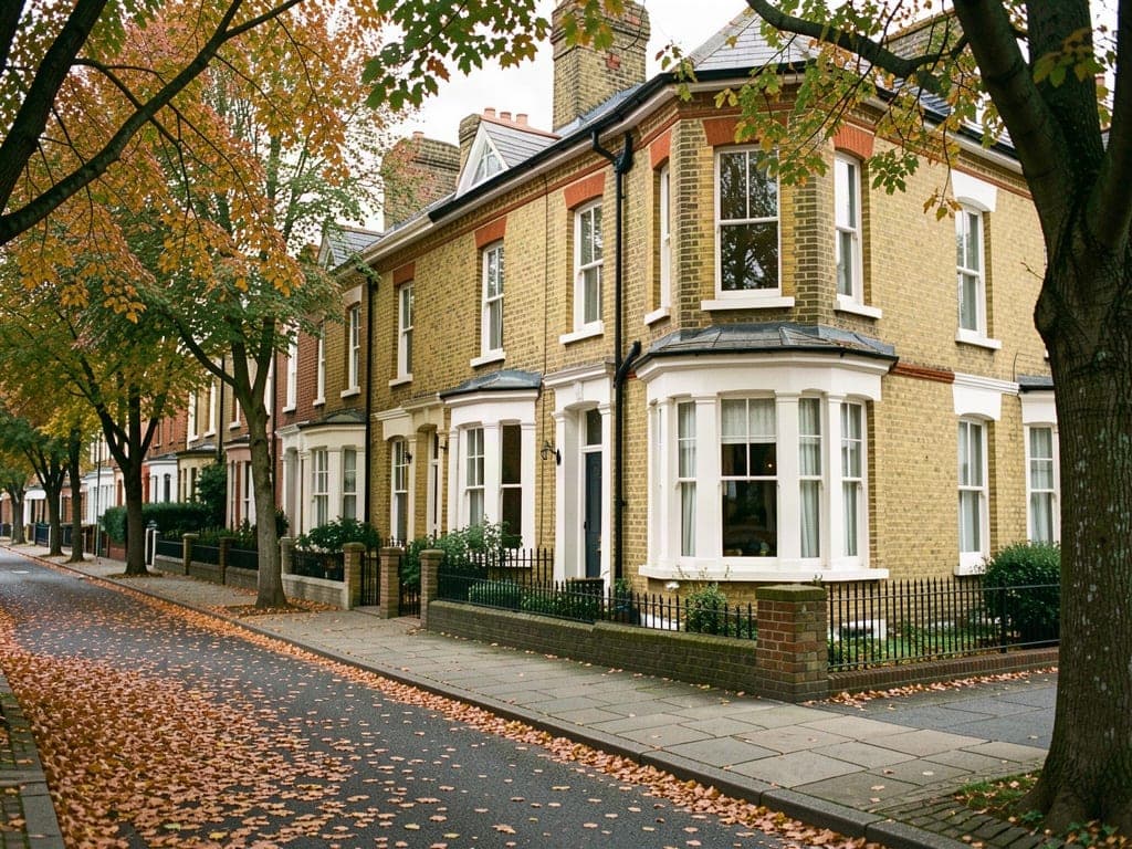 A yellow brick Victorian terraced house with a bay window on a tree lined Peterborough street