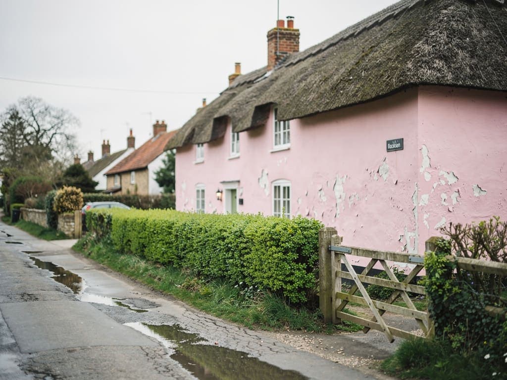 A pink washed thatched cottage on a Suffolk village lane
