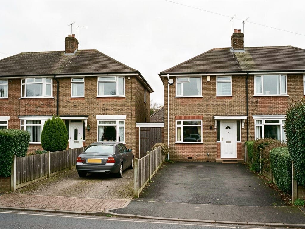 A pair of semi detached houses, one driveway with a car and one empty