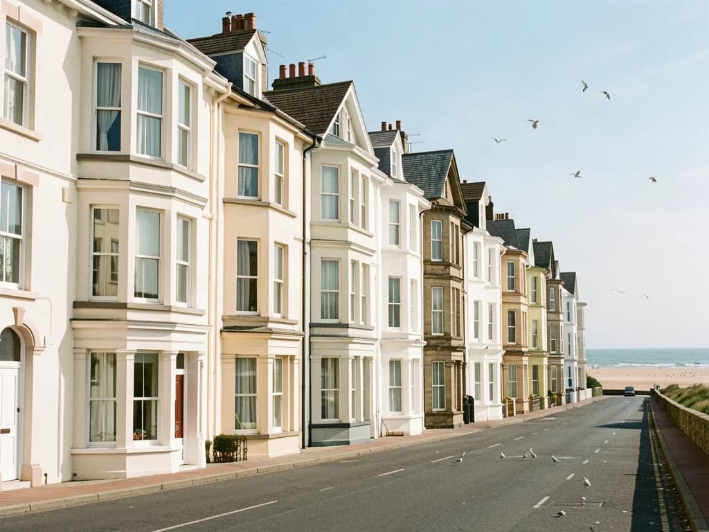 Tall pale seafront terraces in Great Yarmouth with the sea at the end of the street